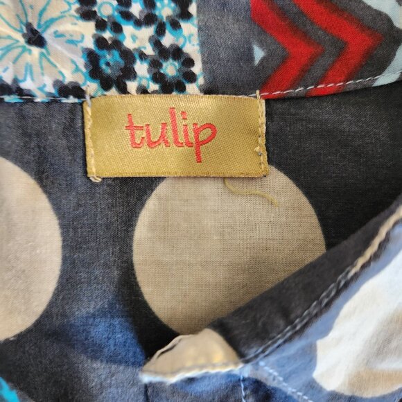 Tulip Women's Oversized Small Multi-Color Patchwork Asymmetric Button Tunic Top - Picture 13 of 15